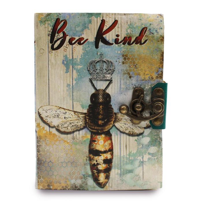 Natūralios odos užrašinė „Bee Kind“ (18×13 cm) – tuščiais baltais lapais