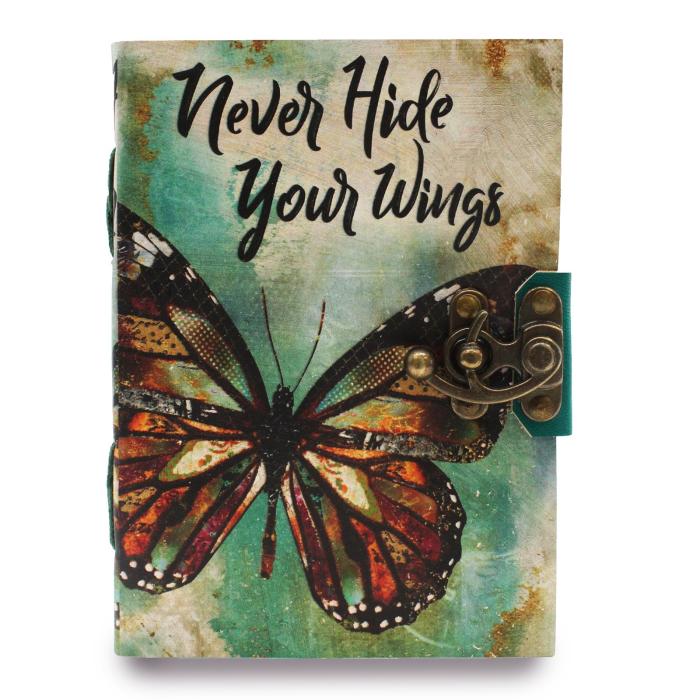 Natūralios odos užrašinė „Never Hide Your Wings“ (18×13 cm), tuščiais lapais