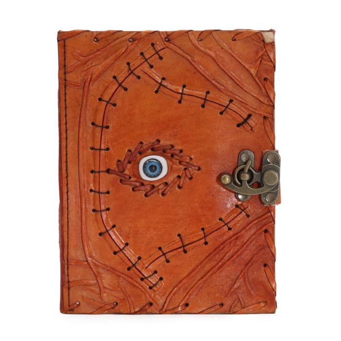 Šviesiai ruda odinė užrašinė su „Evil Eye“, 20x15 cm – tuščiais baltais lapais