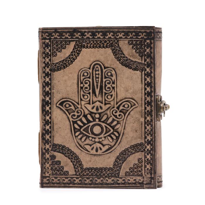 Hamsa ezoterinė užrašinė, antikinė pilka, natūrali oda, 17.5×12.5×3 cm – tuščiais spalvotais lapais