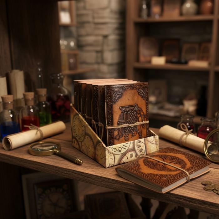 Natūralios odos ezoterinių simbolių užrašinių asortimentas (15 x 11 cm) – tušti lapai