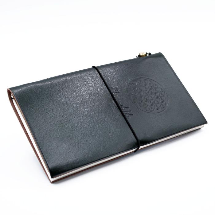 Rankų darbo odinė užrašinė „Flower of Life“, žalia, 80 psl. – tuščiais baltais lapais